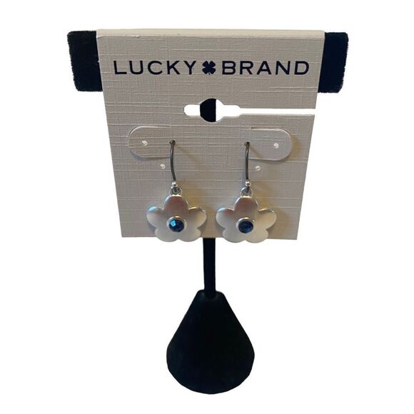 Matte Silver & Dk Blue Crystal Daisy Drop Earrings. - Picture 1 of 6